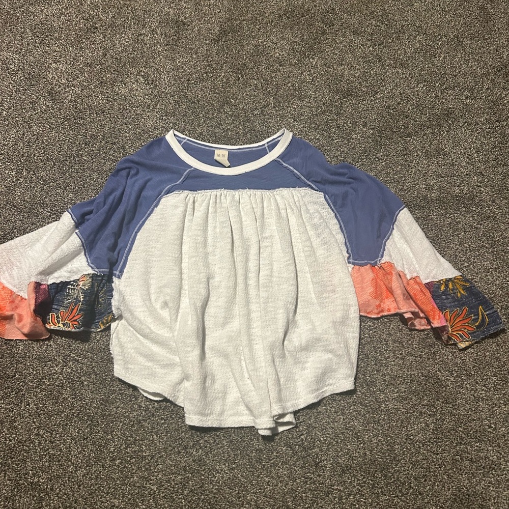 We The Free Blue and White Blouse with Colorful Sleeves